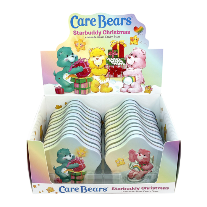 Front of Care Bears Starbuddy Christmas Tin showcasing colourful illustrations of Care Bears, with lemonade sour candy stars (42g)