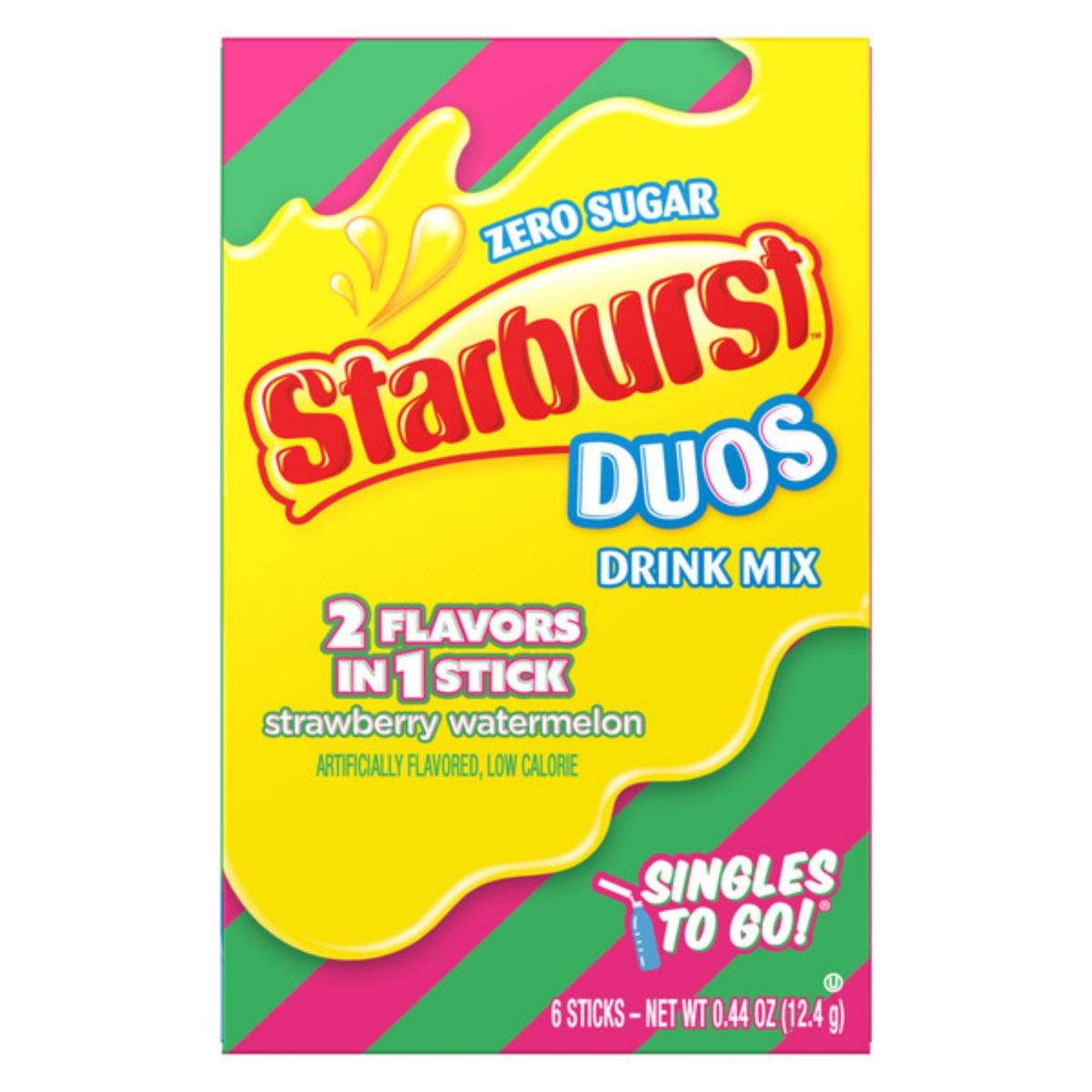 Front of Starburst Duo Strawberry Watermelon Singles To Go box showing bold logo, vibrant drink mix design, and pack size (12g)