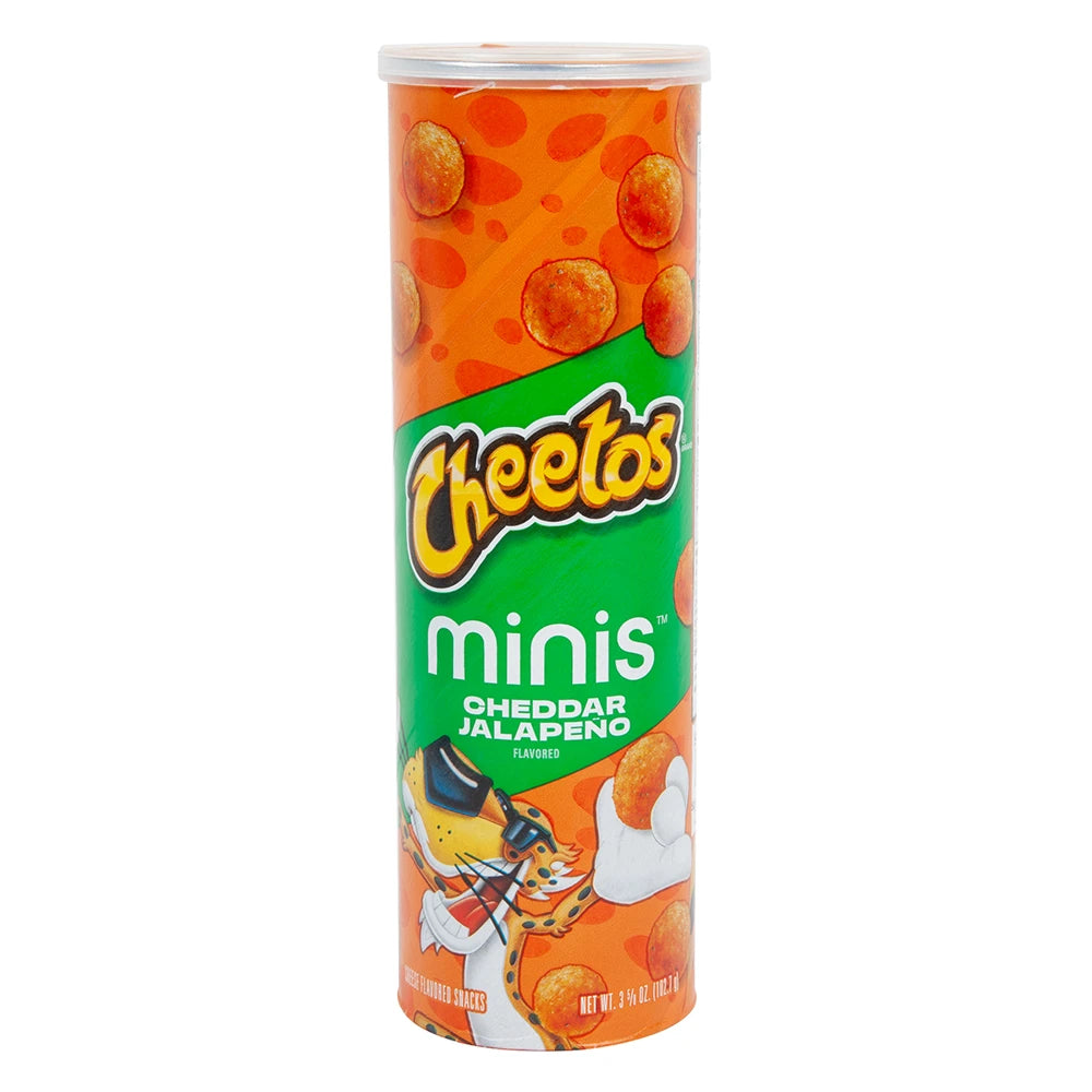 Front of Cheetos Minis Cheddar Jalapeno tube showing bright orange and green design with logo and cheerful Cheetos character (103g pack)