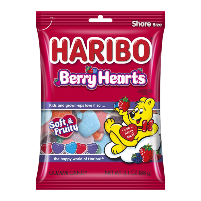 Front of a pink bag of Haribo Valentines Berry Hearts showing logo, soft and fruity gummi candies in heart shapes, and 88g weight.
