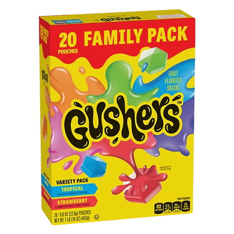 Front of Fruit Gushers Variety Family Pack showing colourful logo and images of fruity snacks with pack size (453g)