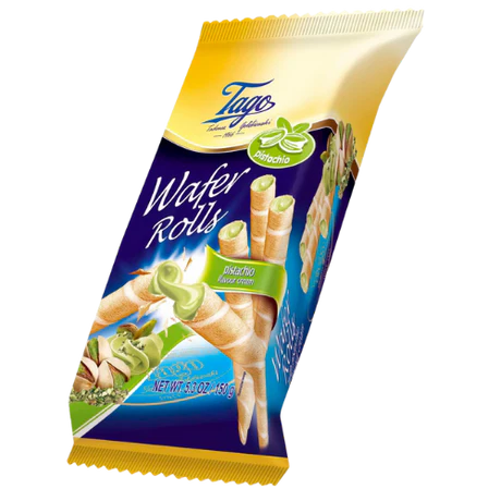 Front of Tago Pistachio Wafer Rolls pack showing the brand logo, wafer rolls with pistachio filling, and 150g quantity.