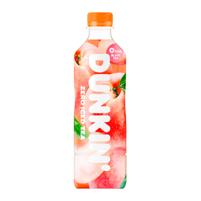 Front of Dunkin' White Peach Iced Tea Zero Sugar 500ml bottle featuring a vibrant design with peaches and the Dunkin' logo.