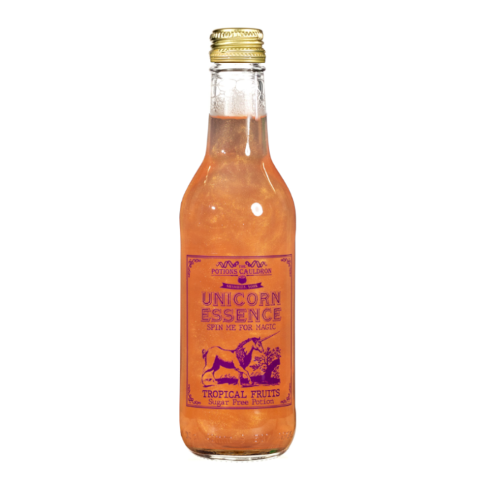 Front of The Potions Cauldron Tropical Fruits Unicorn Essence bottle displaying vibrant label with unicorn and tropical theme, 330ml pack size