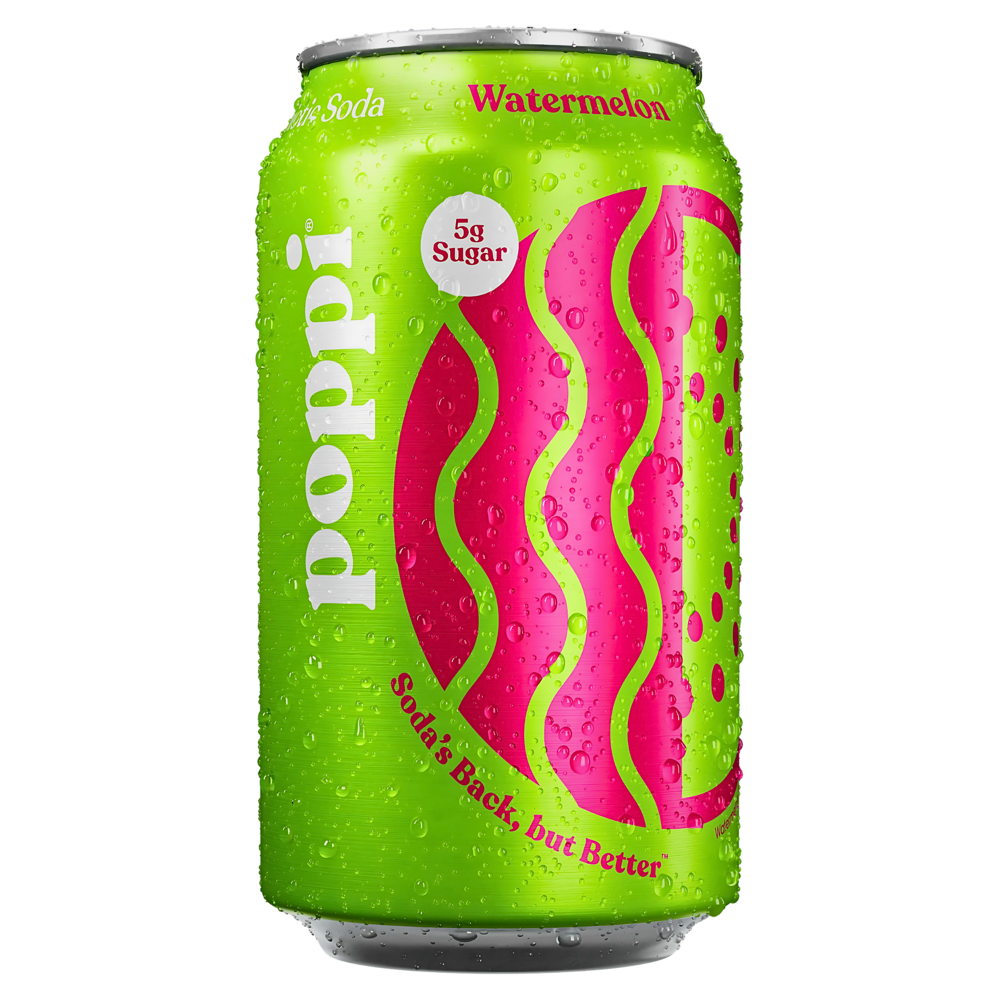 Front of Poppi Watermelon Prebiotic Soda can showing bright green colour, watermelon flavour label, and 355ml size.