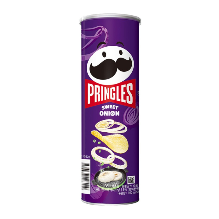 Front of Pringles Sweet Onion Flavor tube showing the brand logo, sweet onion design, and packaging details (100g pack)