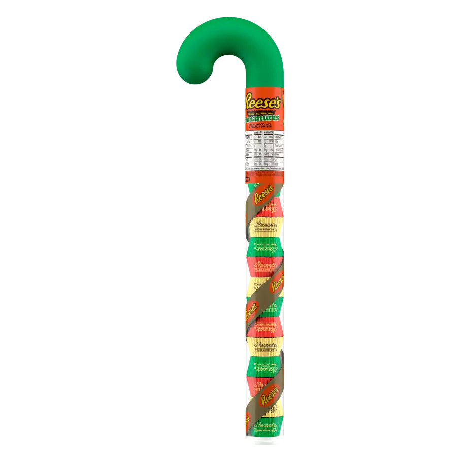 Front of Reese's Candy Cane Reese's Filled Cane showing colourful packaging with green, red, and yellow design and logo (62g pack)