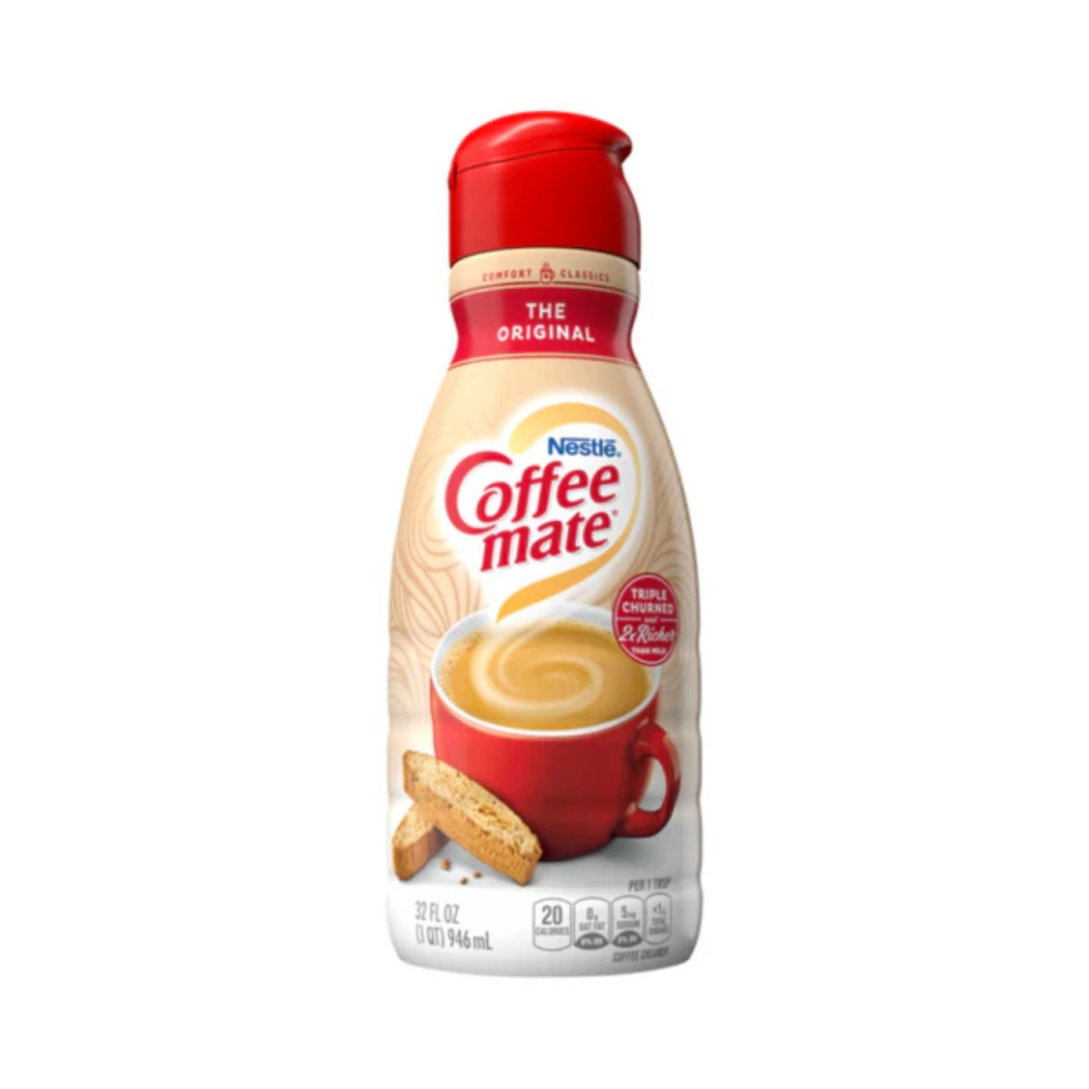 Front of Nestle Coffee Mate Original Creamer bottle featuring the logo, original flavour label, and 946ml capacity.