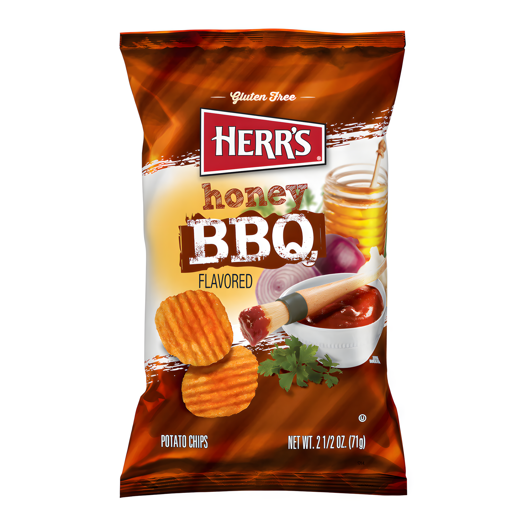 Front of Herr's Honey BBQ Crisps bag featuring the logo, honey BBQ flavour, and image of crisps (71g pack)