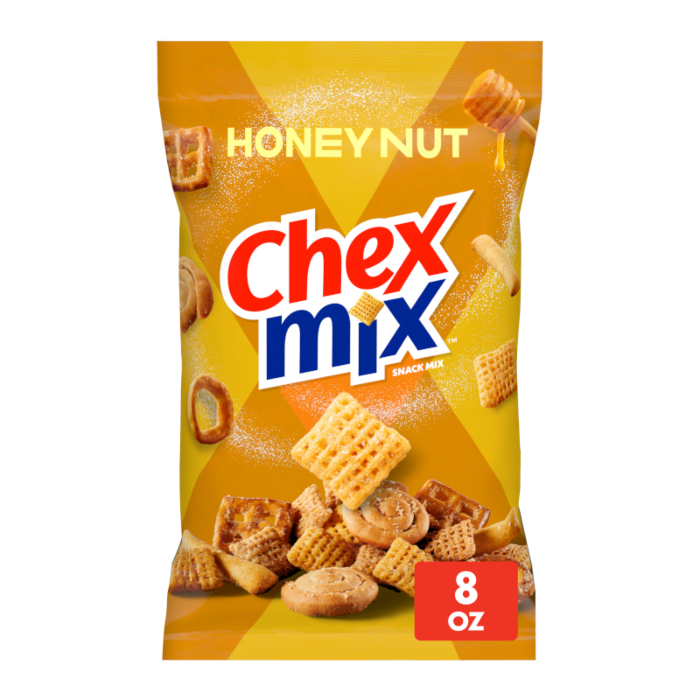 Front of a bag of Chex Mix Honey Nut showing the logo, crunchy snack pieces, and 248g pack size