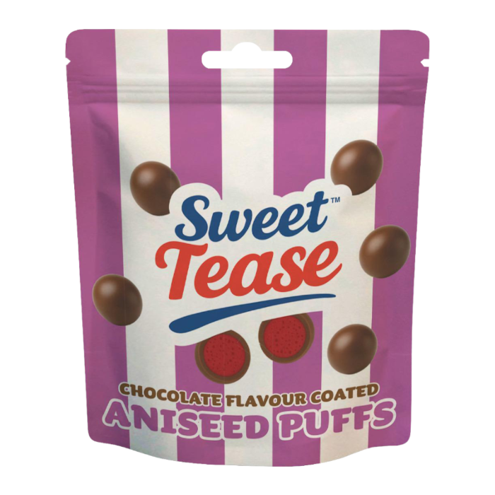 Front of Sweet Tease Aniseed Puffs bag showing logo, aniseed puffs design, and 80g pack size