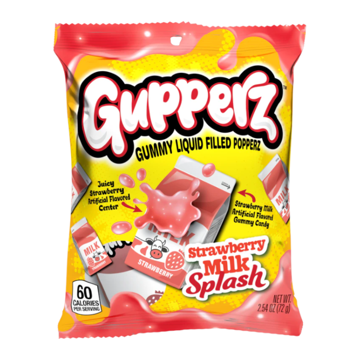 Front of Gupperz Strawberry Milk Splash Liquid Filled Gummies bag showing logo, strawberry milk splash design, and details about the gummy candies (72g pack)