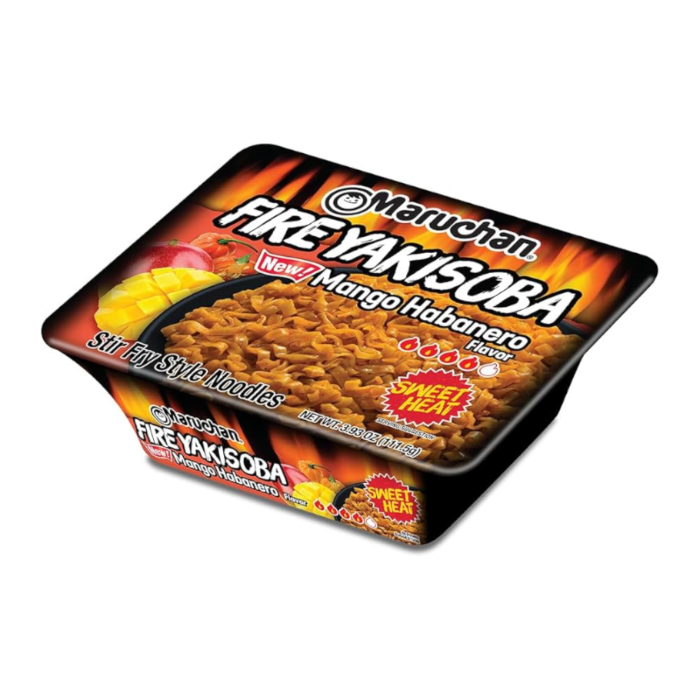 Front of a Maruchan Fire Mango Habanero flavour Yakisoba Noodles cup showing logo, stir fry noodles, and vibrant mango and habanero imagery (111g)