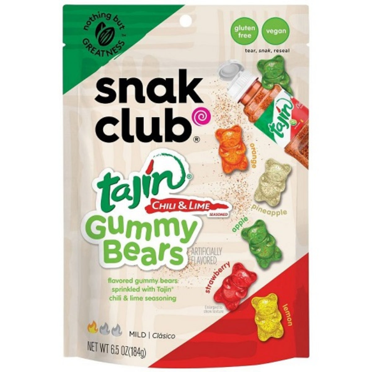 Front of Snak Club Tajin Chilli & Lime Gummy Bears bag showing logo, colourful gummy bears, and 57g pack size