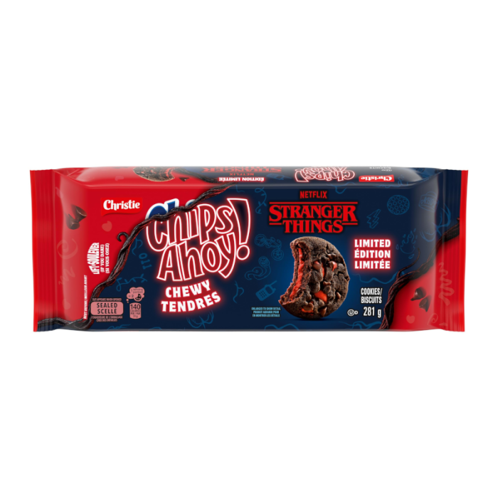 Front of Chewy Chips Ahoy! x Stranger Things cookie pack showing vibrant red packaging, logo, and chocolate chip cookies (281g pack)