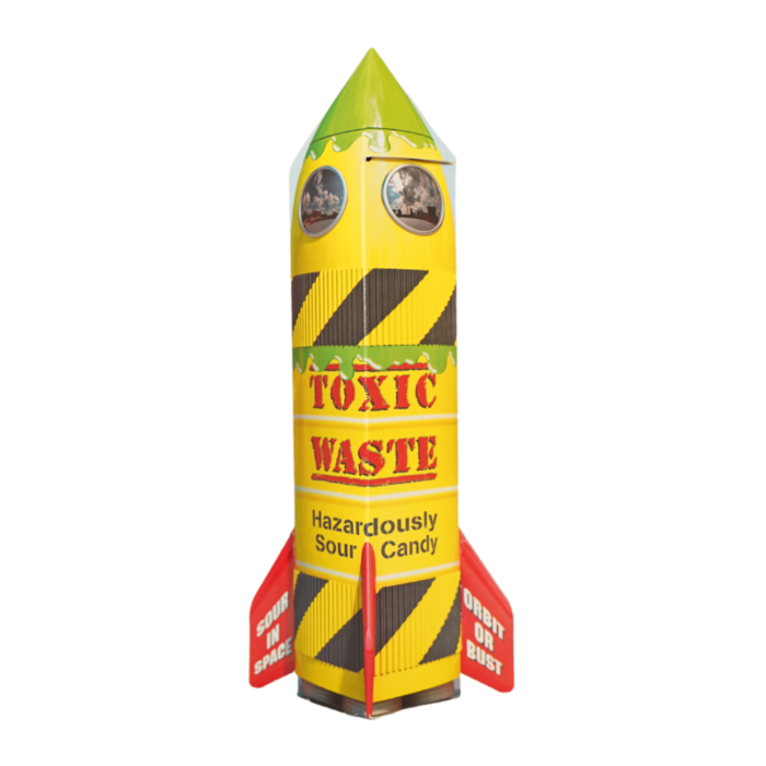 Front of Toxic Waste Sour Candy Rocket packaging showing yellow rocket design with logo and hazard labels (126g pack)
