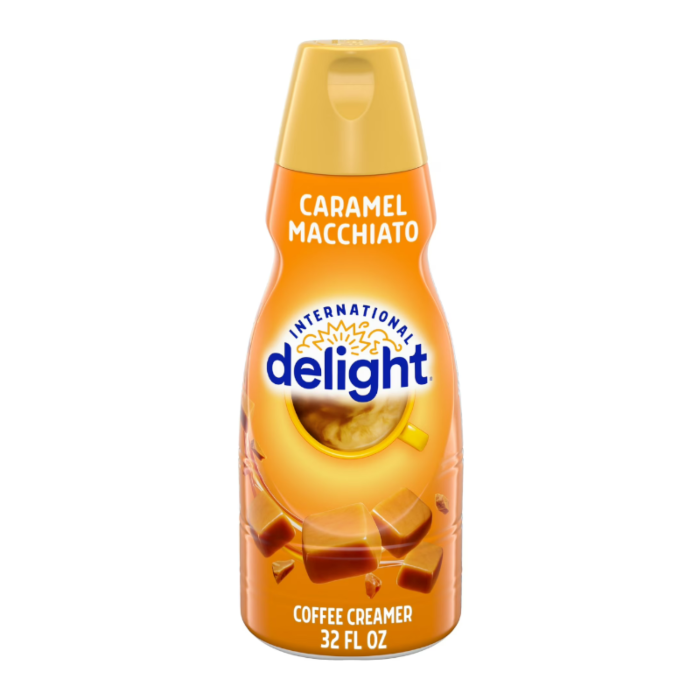 Front of International Delight Coffee Creamer Caramel Macchiato bottle showing logo, caramel flavour details, and 946ml size.