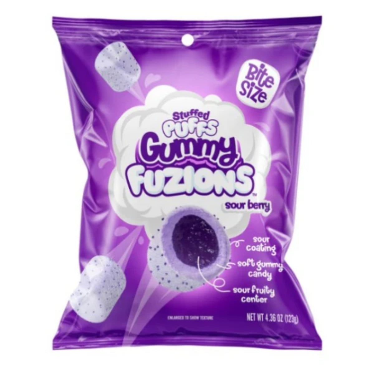 Front of Stuffed Puffs Sour Berry bag showcasing the purple packaging, sour berry candies, and the 123g label