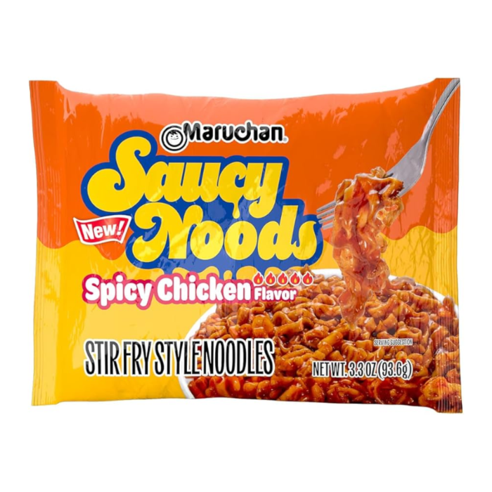Front of Maruchan Saucy Noods Spicy Chicken Flavour packet showing logo, vibrant orange packaging, and stir fry style noodles (93g pack)