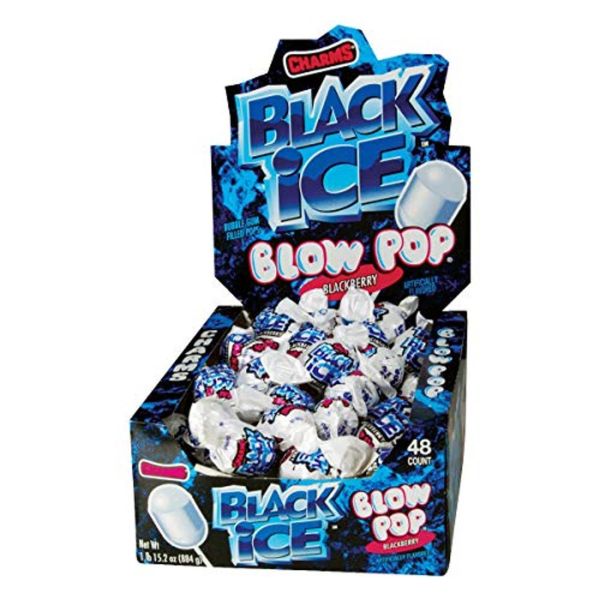   
Front label of Charms Blow Pop with Blackberry flavour, volume not visible  

