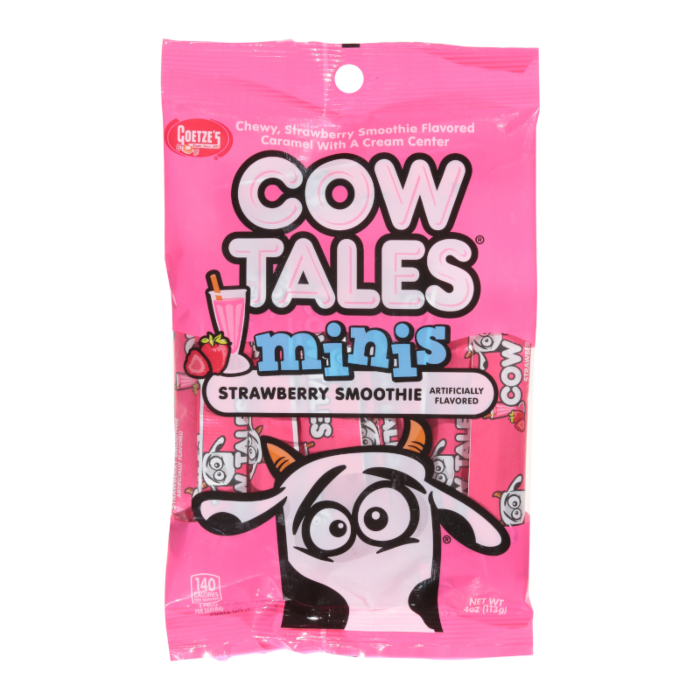 Front of Cow Tales Strawberry Smoothie Minis bag showing logo, strawberry smoothie flavour label, and vibrant pink packaging (113g pack)