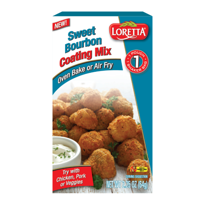 Front of Loretta Sweet Bourbon Coating Mix box showing the logo, oven bake or air fry instructions, and serving suggestions (64g pack)