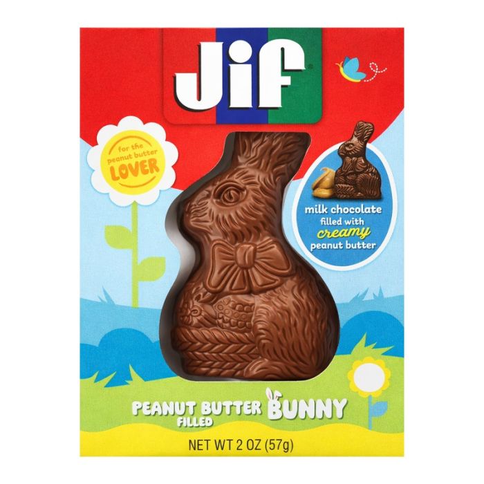 Front of Jif Creamy Peanut Butter Filled Bunny showing logo, chocolate bunny with a bow, and creamy peanut butter filling (57g pack)