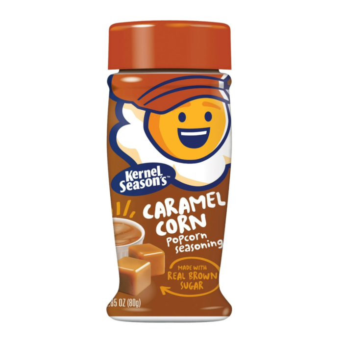 Front of Kernel Season's Caramel Seasoning Popcorn Seasoning bottle with logo, caramel flavour, and 85g pack size