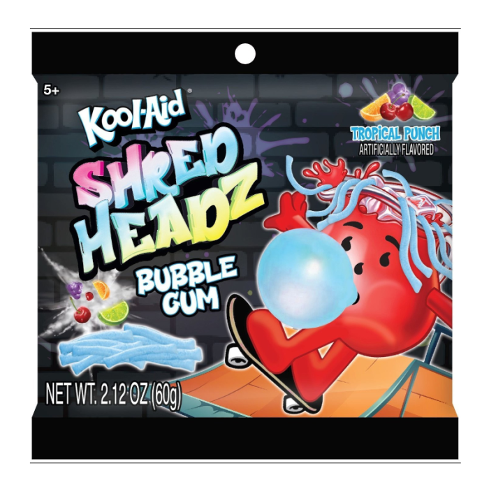 Front of Kool-Aid Shred Headz Tropical Punch Bubblegum bag with logo, vibrant design, and 60g size shown