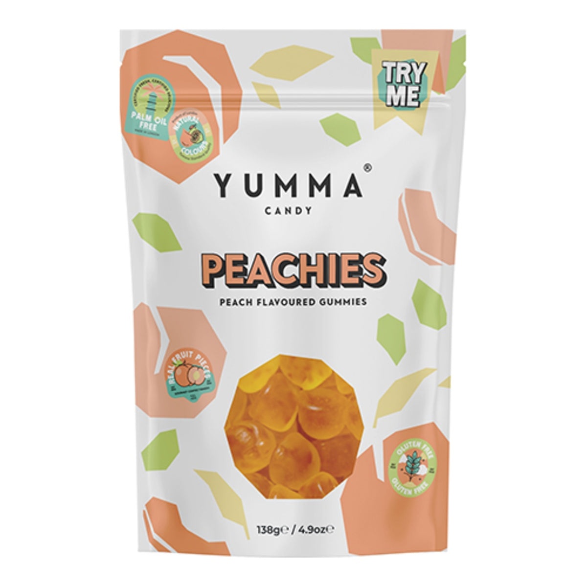 Front of Yumma Candy Peachies Gummies bag showing peach flavour, colorful design, and 138g size
