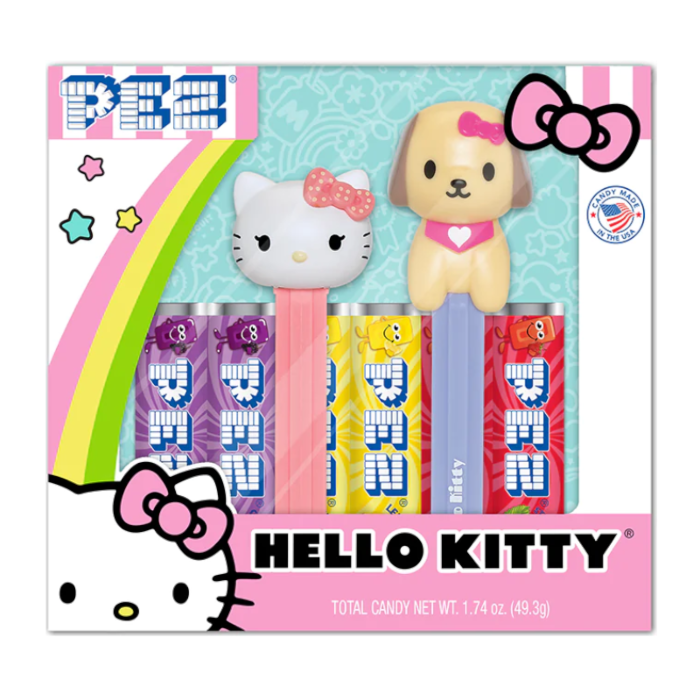 Front of PEZ Hello Kitty Gift Set showing colourful dispensers, Hello Kitty character, and total candy weight of 49.3g