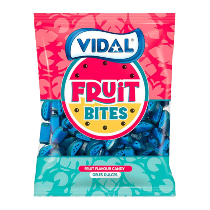 Front of a Vidal Fruit Bites Raspberry bag with fruity flavours, showing vibrant colours and pack size of 1500g.