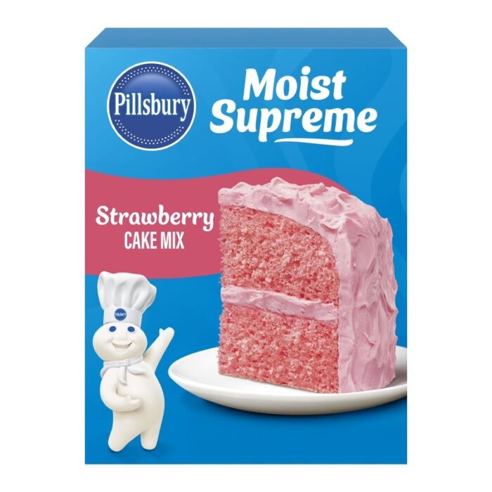 Front of Pillsbury Moist Supreme Strawberry Cake Mix box showing logo, strawberry flavour text, and an image of a pink frosted cake (375g pack)