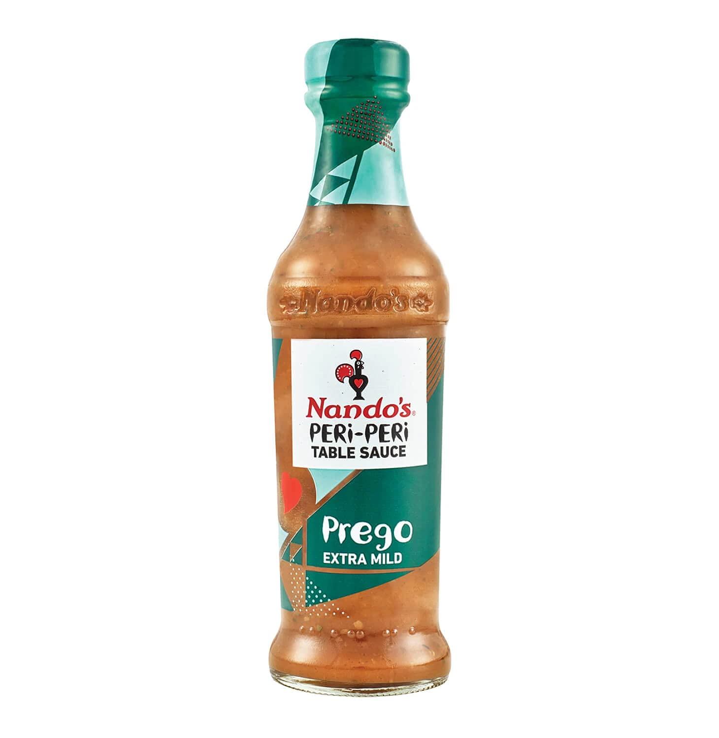Front of Nando's Prego Sauce Extra Mild bottle showing logo, green label, and 250g pack size