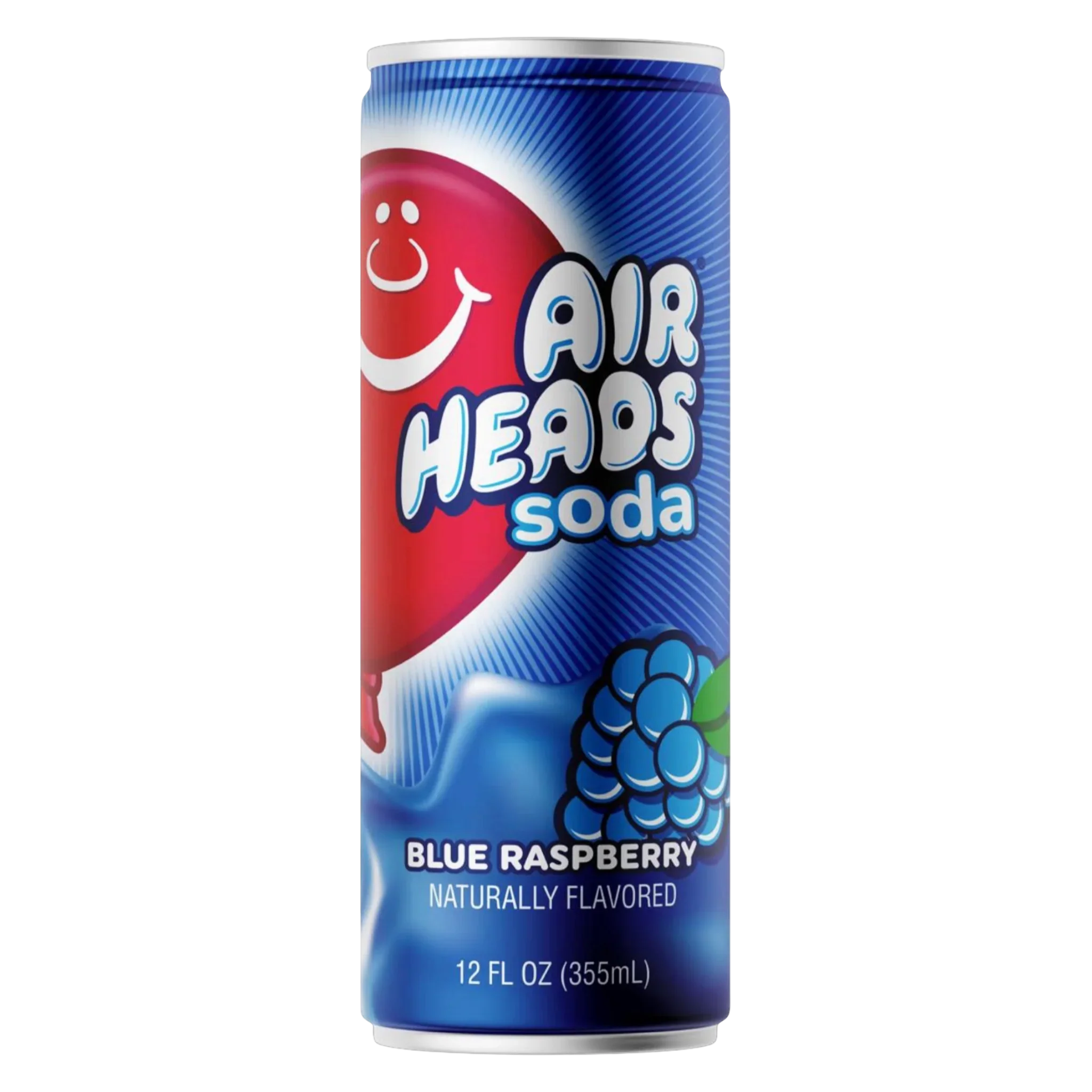 Front of Airheads Soda Blue Raspberry can featuring a bright blue design with logo and raspberry illustrations (355ml)