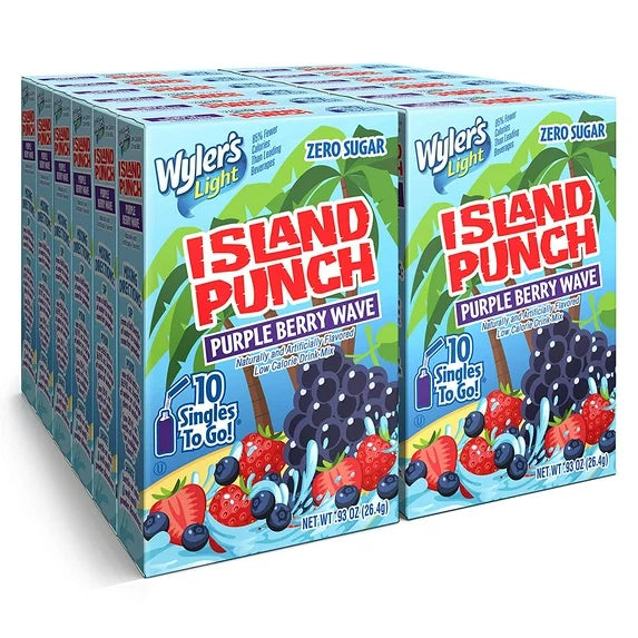 Front of Wyler's Island Punch Purple Berry Wave Singles To Go 12 pack showing logo, bright design, and fruit illustrations (309.6g total)