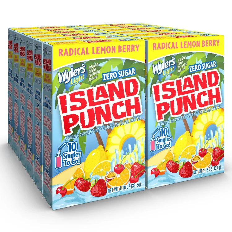 Front of Wyler's Island Punch Radical Lemon Berry Singles To Go box featuring bold logo, lemon berry flavour design, and 12 pack quantity (309.6g)
