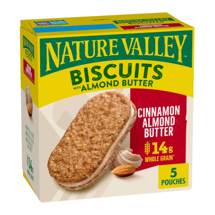 Front of Nature Valley Biscuits with Almond Butter box showing logo, almond butter flavour details, and 5 pack size (191g)
