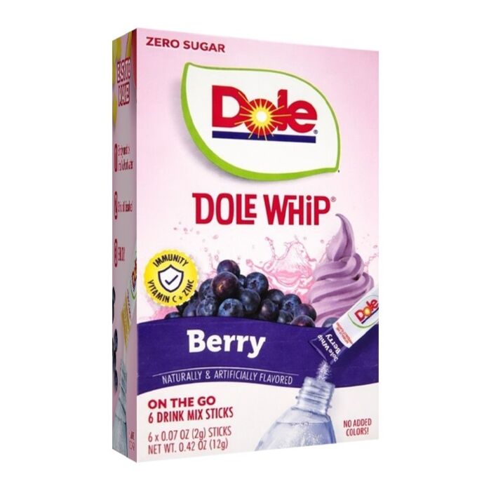 Front of Dole Berry Whip Singles to Go box showing the brand logo, berry flavour label, and packaging details (12g pack)