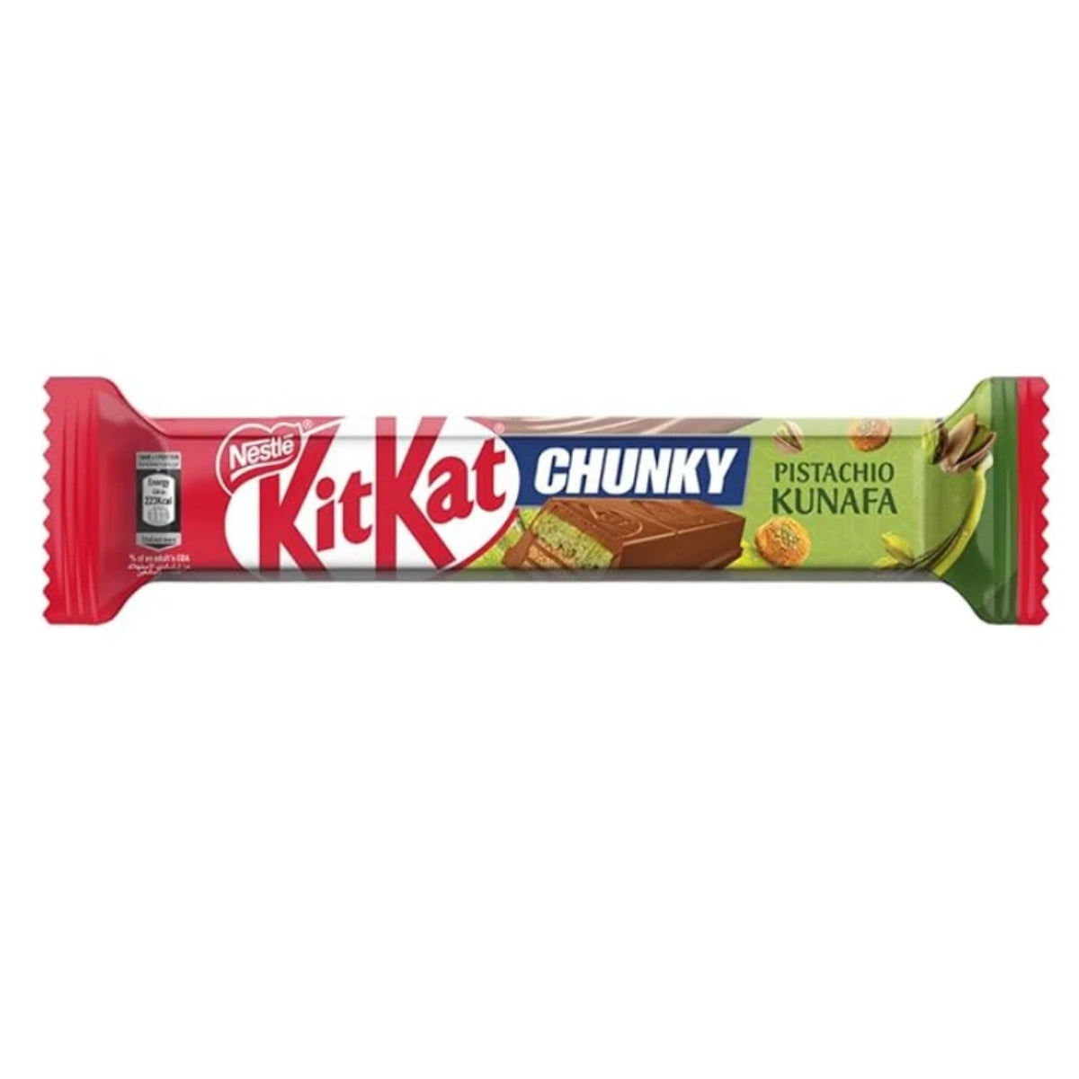 Front of Kit Kat Pitachio Kunafa (42g) showing the Kit Kat logo, pistachio flavour label, and green packaging design.