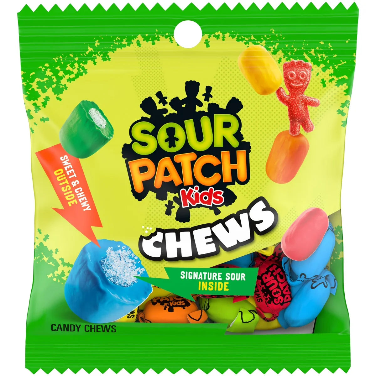 Front of Sour Patch Kids Chews bag featuring bright green packaging, logo, and an assortment of colourful candy pieces (60g pack)
