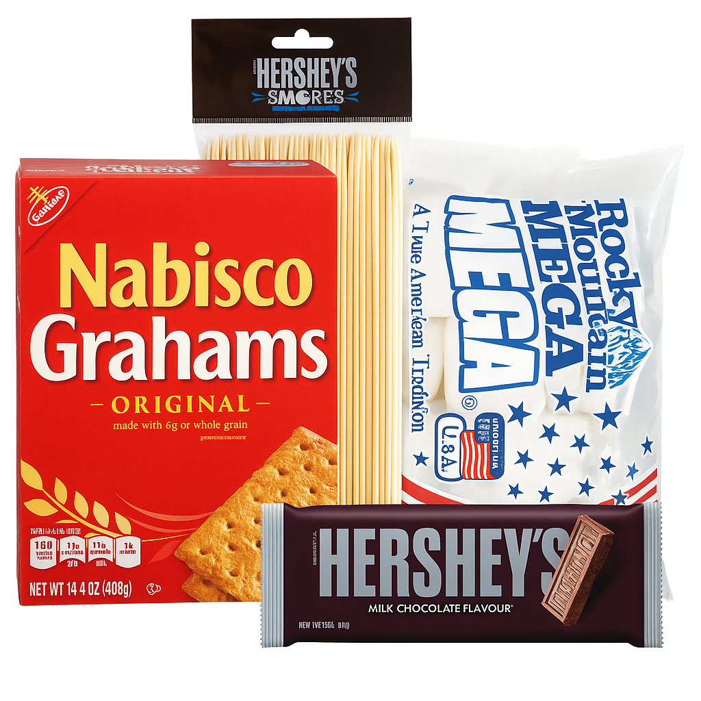 Front of Authentic American S'mores Kit Bundle with Nabisco Grahams, Hershey's chocolate bar, and marshmallows, showcasing packaging details.