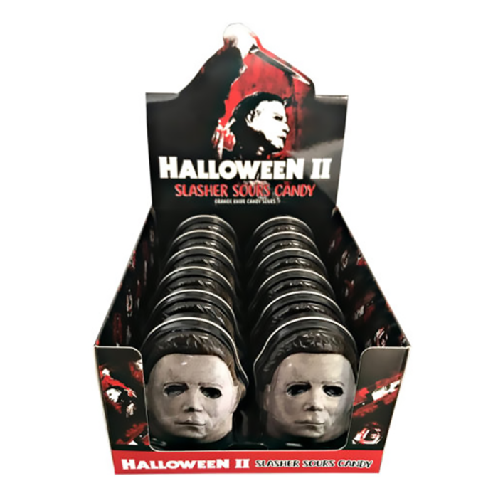 Front of Halloween Mask Candy Tins showing spooky mask design with Halloween II branding and orange sour candy (22g pack)