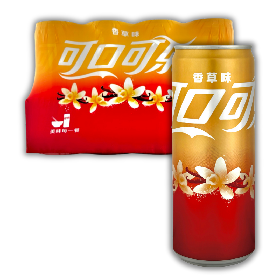 Front of Coca Cola Vanilla Case of 12 featuring the logo and vibrant design, with 330ml cans shown in the pack.