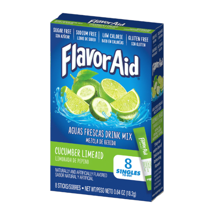 Front of Flavor Aid Aguas Frescas Cucumber Limeaid box showing blue background, cucumber and lime imagery, and 8 Singles to Go (18g)