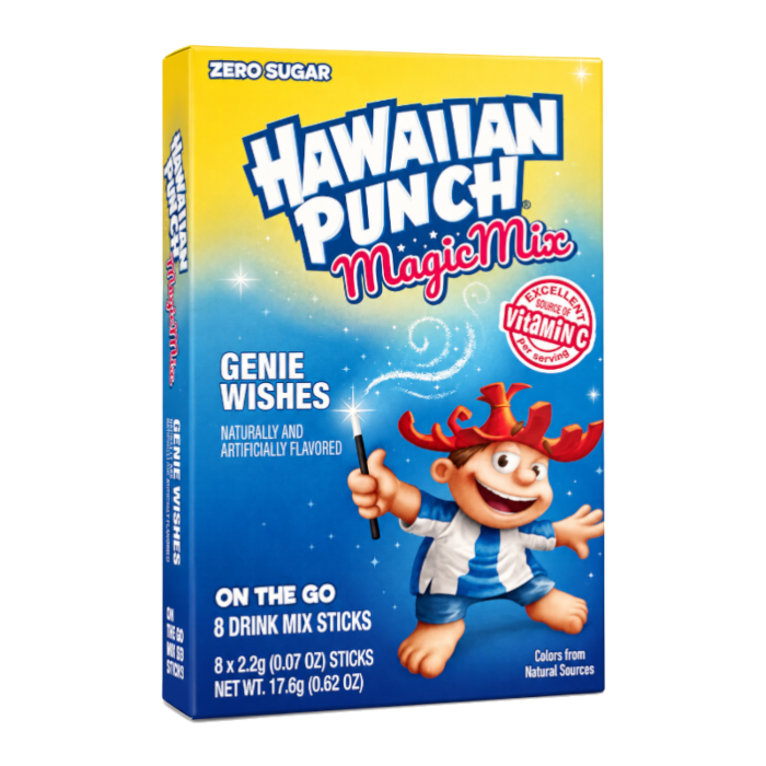 Front of Hawaiian Punch Magic Mix Singles to Go Genie Wishes box featuring the logo, colourful design, and pack size (17.6g).