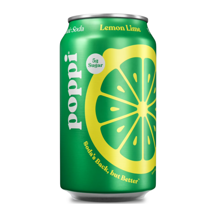Front of Poppi Lemon Lime Prebiotic Soda can featuring a bright green design, lemon lime flavour graphic, and 355ml pack size.