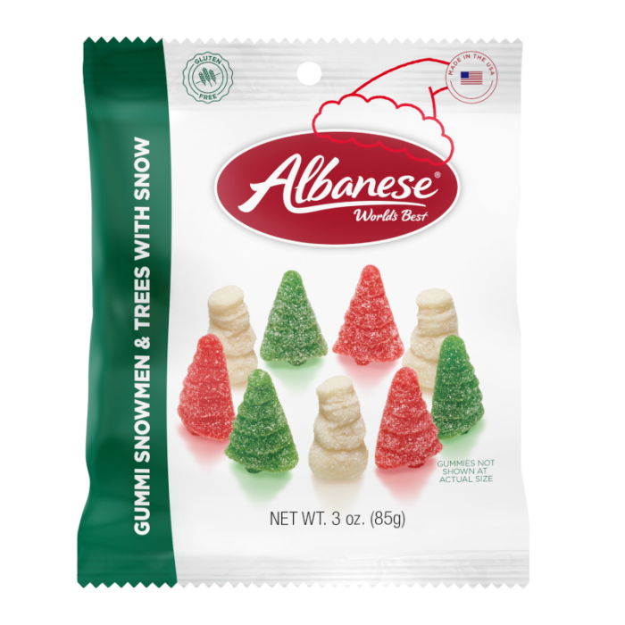 Front of Albanese World's Best Gummi Snowmen & Trees with Snow bag featuring colourful gummy snowmen and trees (85g)