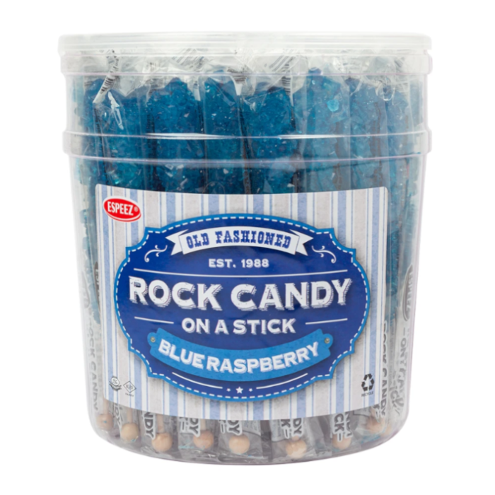 Front of Espeez Rock Candy on a Stick Blue Raspberry tub showing blue candy sticks and label details (23g)