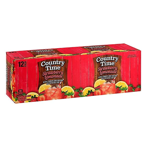 Front of a box of Country Time Strawberry Lemonade with logo, strawberry and lemon imagery, and a display of 12 x 355ml cans